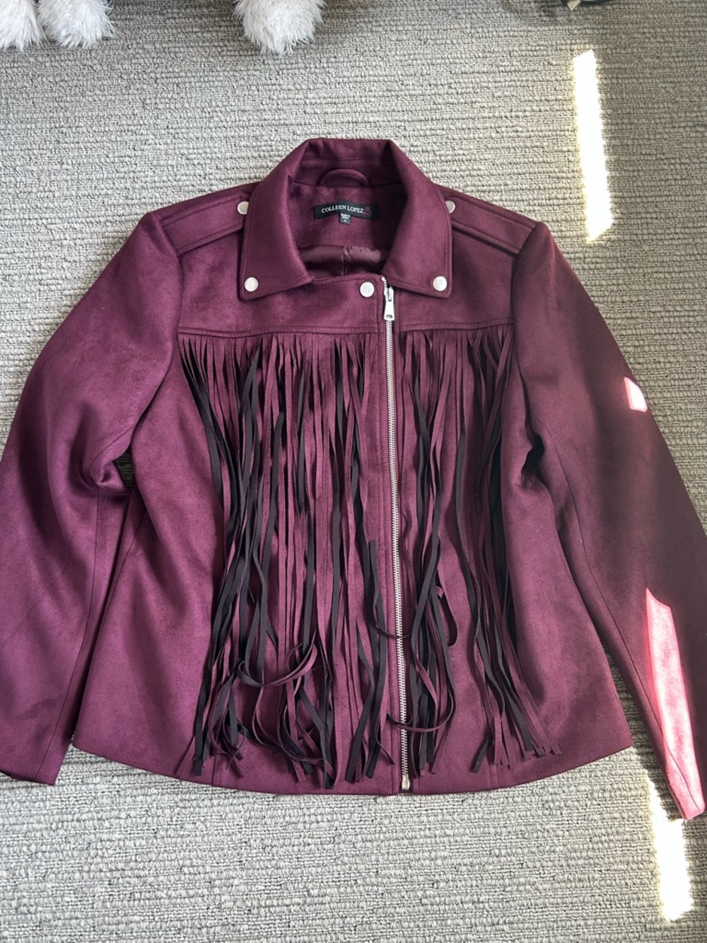 Colleen Lopez Wine Fringe Leather Jacket